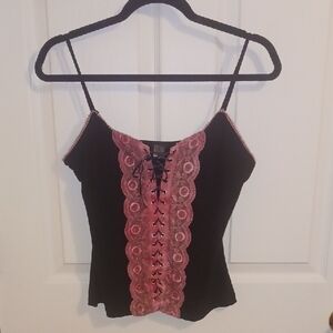 Chic Black Camisole with Pink Lace Detailing
